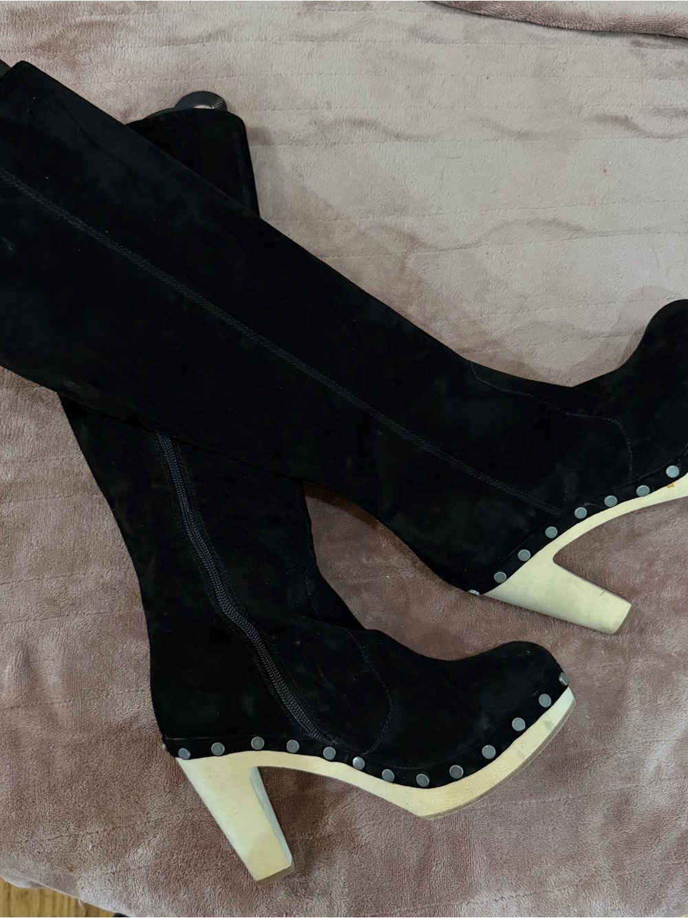 Cynthia Vincent Black Suede Studded Platform Boots Size 9.5